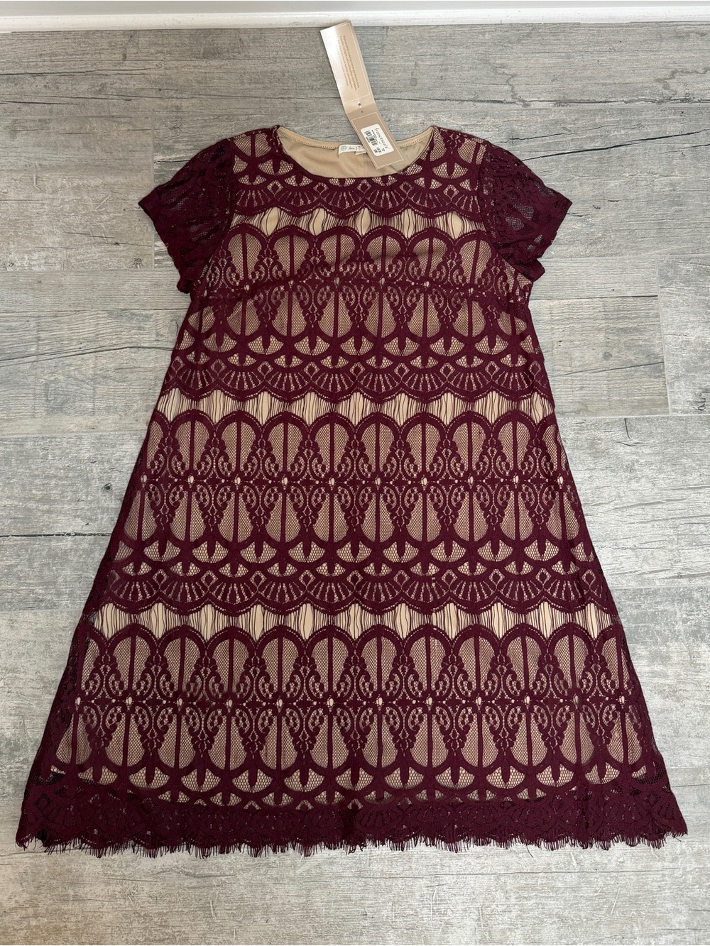 love, Fire Wedding Guest Party Holiday burgundy Lace Overlay Dress w/Nude Lining
